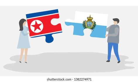Couple holding two puzzles pieces with North Korean and Sammarinese flags. North Korea and San Marino national symbols together.