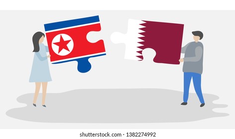 Couple holding two puzzles pieces with North Korean and Qatari flags. North Korea and Qatar national symbols together.
