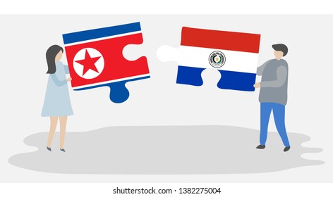 Couple holding two puzzles pieces with North Korean and Paraguayan flags. North Korea and Paraguay national symbols together.