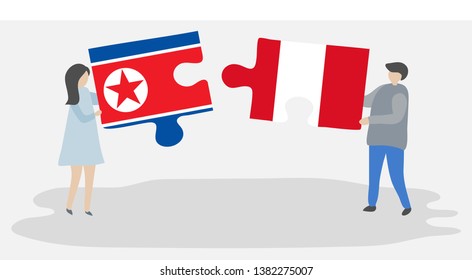 Couple holding two puzzles pieces with North Korean and Peruvian flags. North Korea and Peru national symbols together.