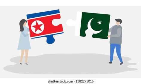 Couple holding two puzzles pieces with North Korean and Pakistani flags. North Korea and Pakistan national symbols together.