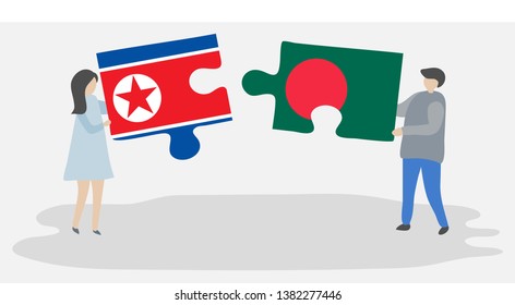 Couple holding two puzzles pieces with North Korean and Bangladeshi flags. North Korea and Bangladesh national symbols together.