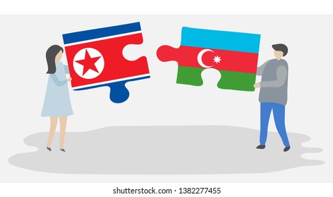 Couple holding two puzzles pieces with North Korean and Azerbaijani flags. North Korea and Azerbaijan national symbols together.