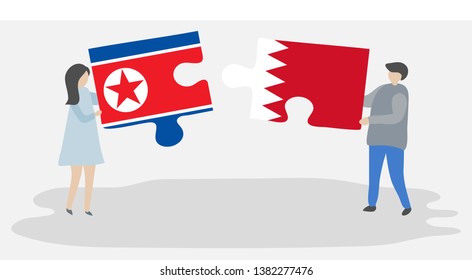 Couple holding two puzzles pieces with North Korean and Bahraini flags. North Korea and Bahrain national symbols together.
