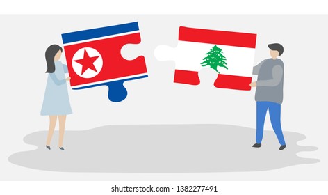 Couple holding two puzzles pieces with North Korean and Lebanese flags. North Korea and Lebanon national symbols together.