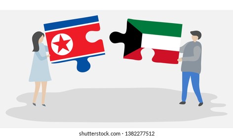 Couple holding two puzzles pieces with North Korean and Kuwaiti flags. North Korea and Kuwait national symbols together.