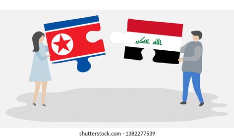 Couple holding two puzzles pieces with North Korean and Iraqi flags. North Korea and Iraq national symbols together.