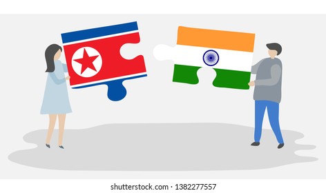Couple holding two puzzles pieces with North Korean and Indian flags. North Korea and India national symbols together.