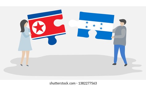 Couple holding two puzzles pieces with North Korean and Honduran flags. North Korea and Honduras national symbols together.