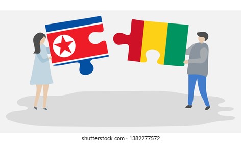 Couple holding two puzzles pieces with North Korean and Guinean flags. North Korea and Guinea national symbols together.