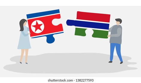 Couple holding two puzzles pieces with North Korean and Gambian flags. North Korea and Gambia national symbols together.