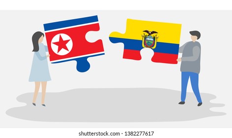 Couple holding two puzzles pieces with North Korean and Ecuadorian flags. North Korea and Ecuador national symbols together.