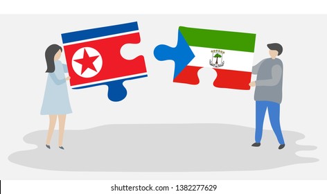 Couple holding two puzzles pieces with North Korean and Equatorial Guinean flags. North Korea and Equatorial Guinea national symbols together.