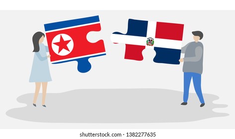 Couple holding two puzzles pieces with North Korean and Dominican flags. North Korea and Dominican Republic national symbols together.