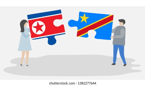 Couple holding two puzzles pieces with North Korean and Congolese flags. North Korea and Democratic Republic of the Congo national symbols together.
