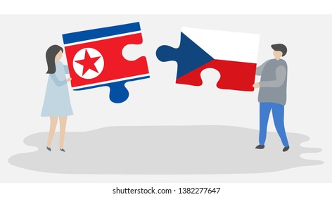 Couple holding two puzzles pieces with North Korean and Czech flags. North Korea and Czech Republic national symbols together.