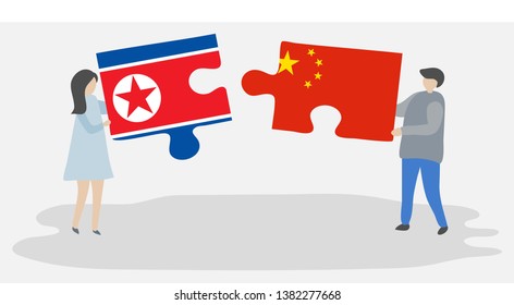 Couple holding two puzzles pieces with North Korean and Chinese flags. North Korea and China national symbols together.
