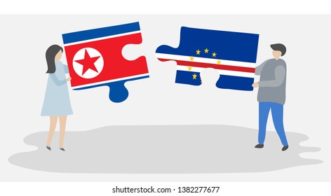 Couple holding two puzzles pieces with North Korean and Cabo Verdean flags. North Korea and Cape Verde national symbols together.