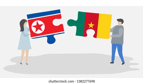 Couple holding two puzzles pieces with North Korean and Cameroonian flags. North Korea and Cameroon national symbols together.