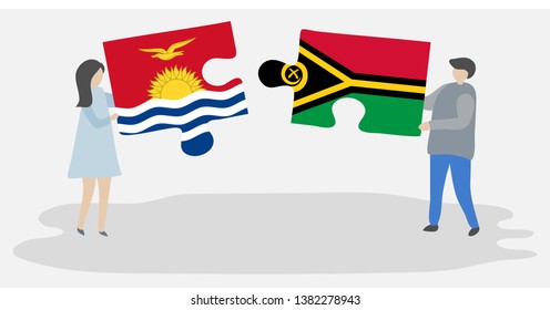 Couple holding two puzzles pieces with I-Kiribati and Vanuatuan flags. Kiribati and Vanuatu national symbols together.