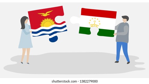 Couple holding two puzzles pieces with I-Kiribati and Tajikistani flags. Kiribati and Tajikistan national symbols together.