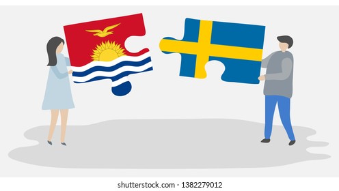 Couple holding two puzzles pieces with I-Kiribati and Swedish flags. Kiribati and Sweden national symbols together.