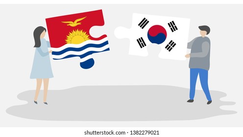 Couple holding two puzzles pieces with I-Kiribati and South Korean flags. Kiribati and South Korea national symbols together.