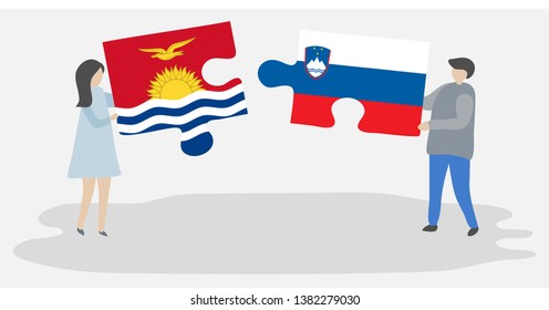 Couple holding two puzzles pieces with I-Kiribati and Slovenian flags. Kiribati and Slovenia national symbols together.