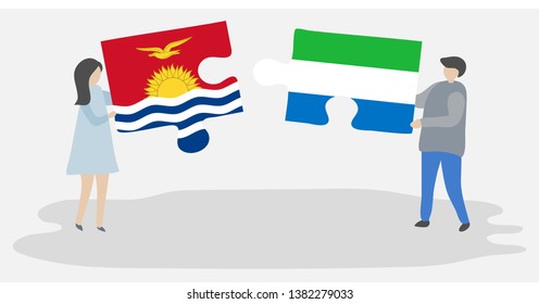 Couple holding two puzzles pieces with I-Kiribati and Sierra Leonean flags. Kiribati and Sierra Leone national symbols together.