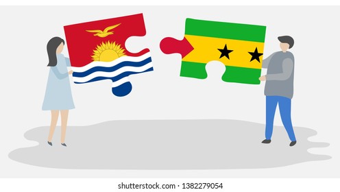 Couple holding two puzzles pieces with I-Kiribati and Sao Tomean flags. Kiribati and Sao Tome and Principe national symbols together.