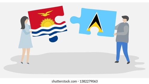 Couple holding two puzzles pieces with I-Kiribati and Saint Lucian flags. Kiribati and Saint Lucia national symbols together.
