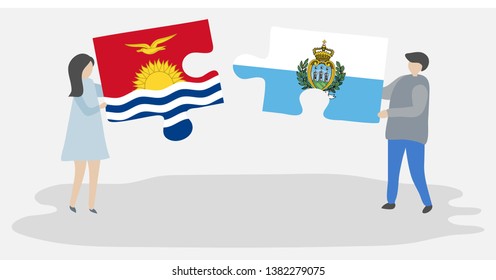 Couple holding two puzzles pieces with I-Kiribati and Sammarinese flags. Kiribati and San Marino national symbols together.