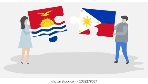 Couple holding two puzzles pieces with I-Kiribati and Filipino flags. Kiribati and Philippines national symbols together.