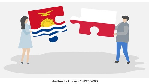 Couple holding two puzzles pieces with I-Kiribati and Polish flags. Kiribati and Poland national symbols together.