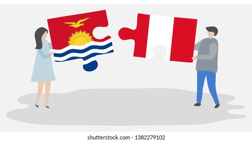 Couple holding two puzzles pieces with I-Kiribati and Peruvian flags. Kiribati and Peru national symbols together.