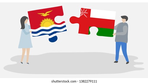 Couple holding two puzzles pieces with I-Kiribati and Omani flags. Kiribati and Oman national symbols together.