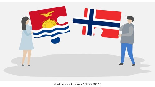 Couple holding two puzzles pieces with I-Kiribati and Norwegian flags. Kiribati and Norway national symbols together.