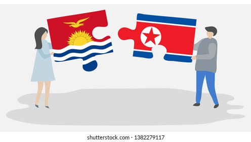 Couple holding two puzzles pieces with I-Kiribati and North Korean flags. Kiribati and North Korea national symbols together.