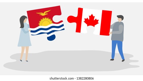 Couple holding two puzzles pieces with I-Kiribati and Canadian flags. Kiribati and Canada national symbols together.