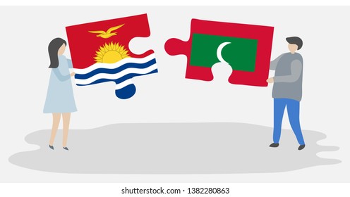 Couple holding two puzzles pieces with I-Kiribati and Maldivian flags. Kiribati and Maldives national symbols together.