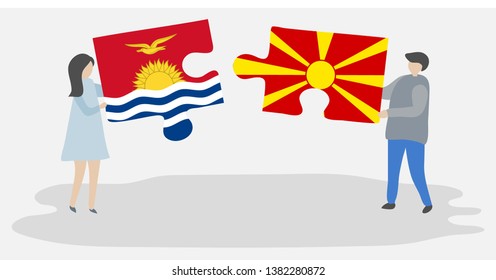 Couple holding two puzzles pieces with I-Kiribati and Macedonian flags. Kiribati and Macedonia national symbols together.