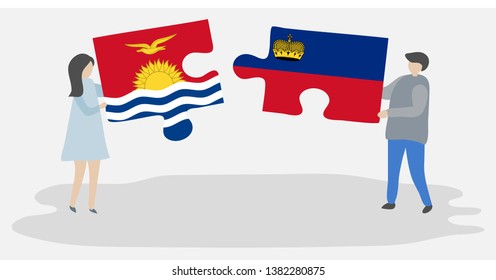 Couple holding two puzzles pieces with I-Kiribati and Liechtenstein flags. Kiribati and Liechtenstein national symbols together.