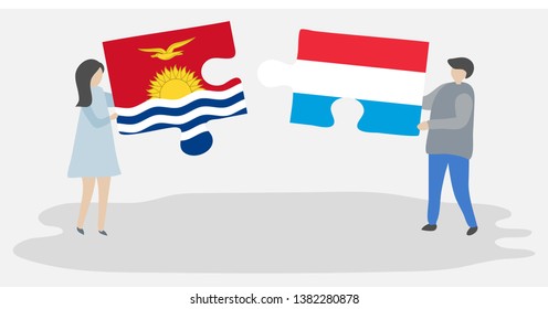 Couple holding two puzzles pieces with I-Kiribati and Luxembourgish flags. Kiribati and Luxembourg national symbols together.