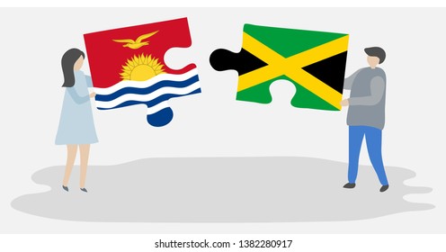 Couple holding two puzzles pieces with I-Kiribati and Jamaican flags. Kiribati and Jamaica national symbols together.