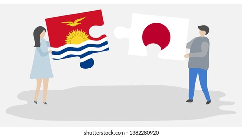 Couple holding two puzzles pieces with I-Kiribati and Japanese flags. Kiribati and Japan national symbols together.
