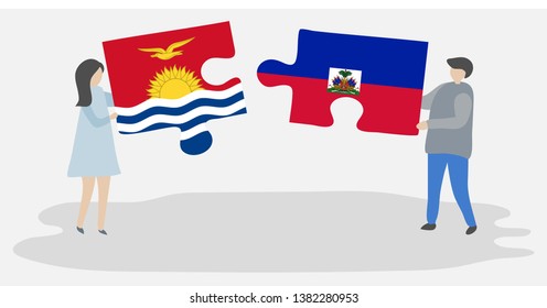Couple holding two puzzles pieces with I-Kiribati and Haitian flags. Kiribati and Haiti national symbols together.