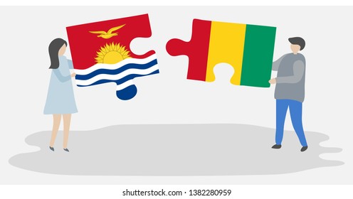 Couple holding two puzzles pieces with I-Kiribati and Guinean flags. Kiribati and Guinea national symbols together.