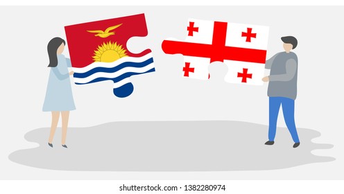 Couple holding two puzzles pieces with I-Kiribati and Georgian flags. Kiribati and Georgia national symbols together.