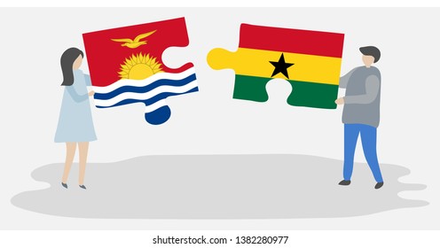 Couple holding two puzzles pieces with I-Kiribati and Ghanaian flags. Kiribati and Ghana national symbols together.