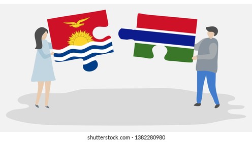 Couple holding two puzzles pieces with I-Kiribati and Gambian flags. Kiribati and Gambia national symbols together.